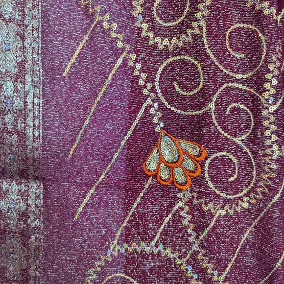 Vintage Saree Sari Red Orange Gold Sequin Traditional Indian Pallu Border Floral - Picture 5 of 5